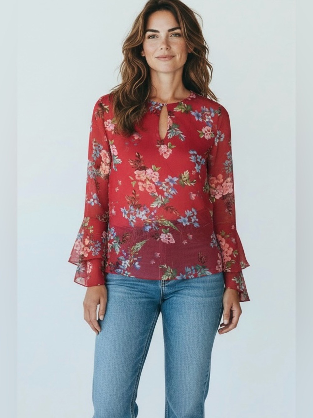 Cabi Devoted Blouse #3590 – Red Floral Semi-Sheer Bell Sleeve Top Size Small